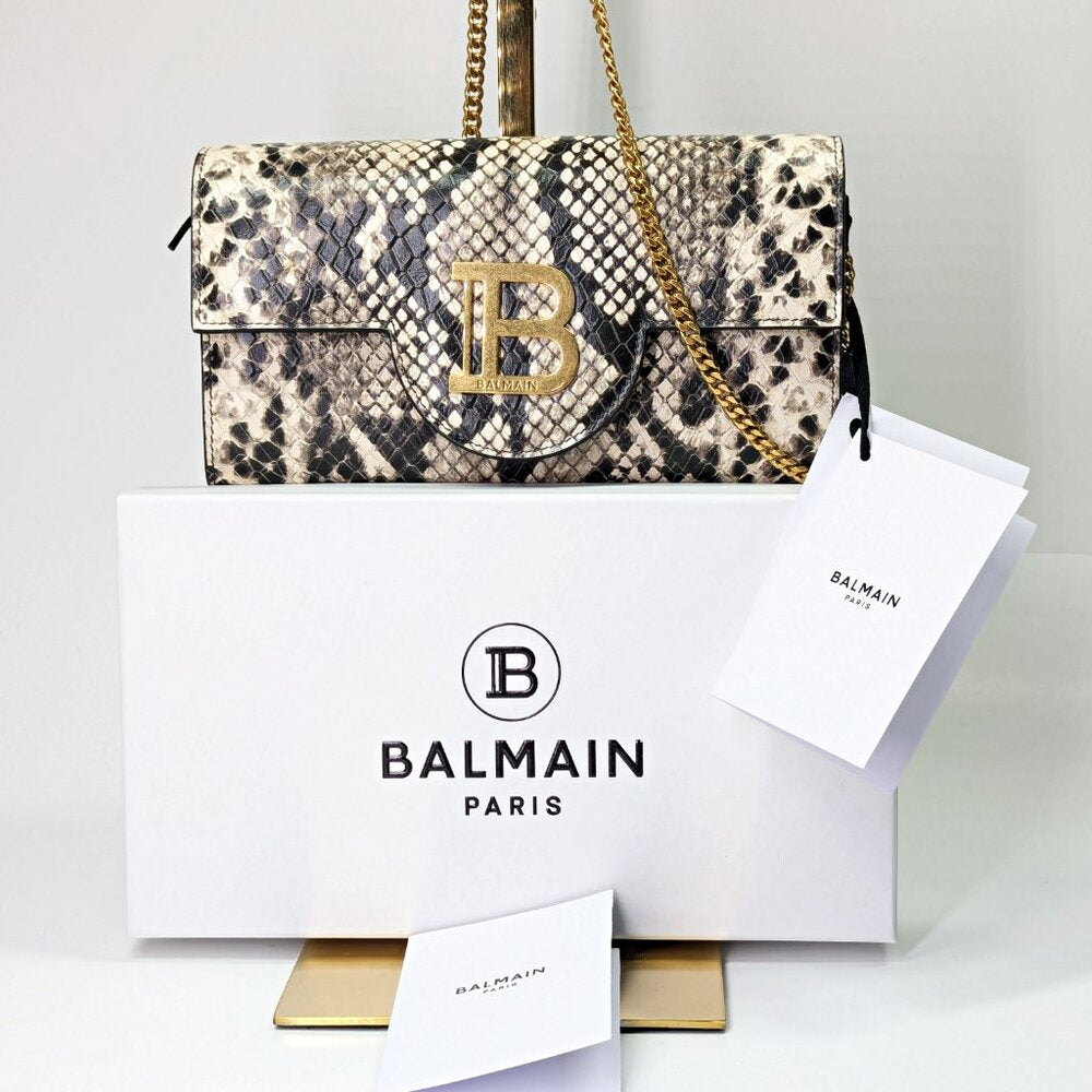 Balmain B-Buzz Snakeskin-Embossed Leather Gold Chain Clutch Wallet (MSRP $1,095)