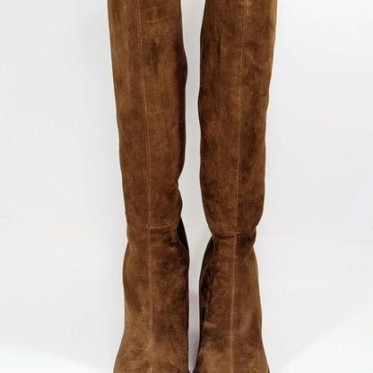 AQUA Women's Leigh Square Toe High Heel Boots Brown Goring Size 9 (MSRP $228)