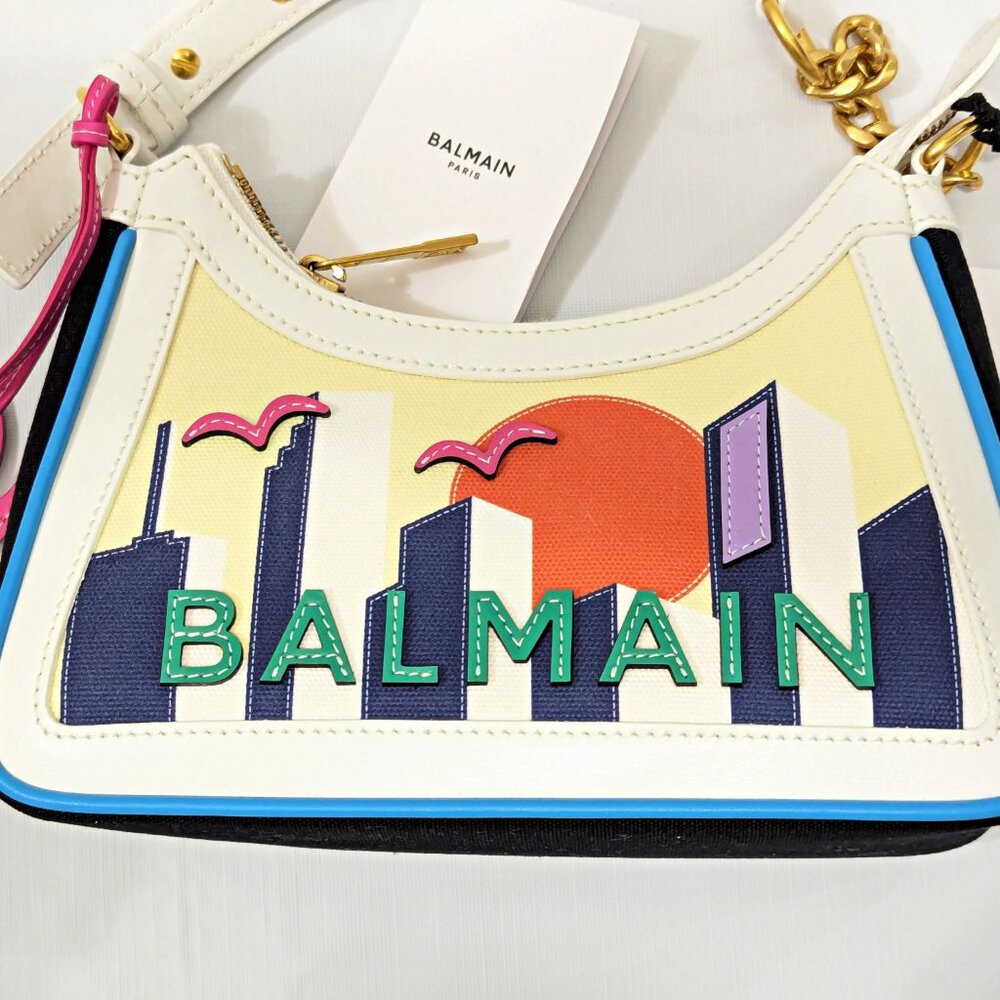 Balmain B-Army Postcard Canvas & Leather Shoulder Hobo Bag (MSRP $1,850)