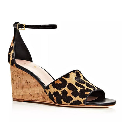 Kate Spade Women's Lonnie Leopard Calf Hair Wedge Sandals Size 9 M (MSRP $198)