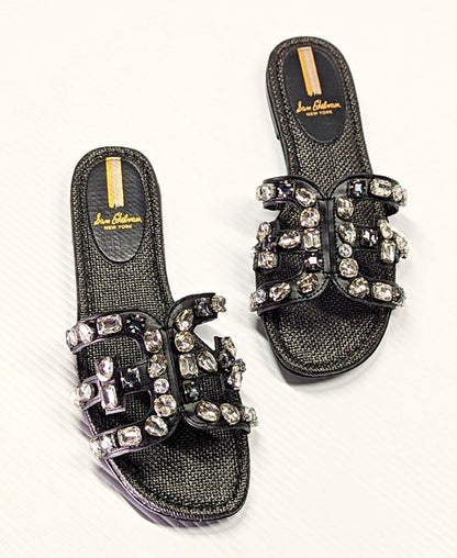 Sam Edelman Women's Bay 16 Embellished Black Leather Sandals Size 9 (MSRP $140)