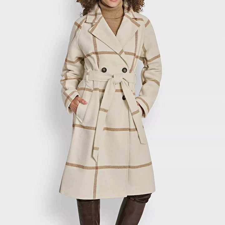 DKNY Women's Plaid Maxi Belted Notch Collar Coat Size XS (MSRP $350)