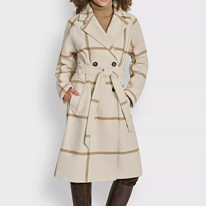 DKNY Women's Plaid Maxi Belted Notch Collar Coat Size XS (MSRP $350)