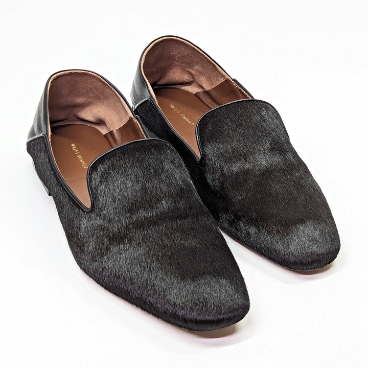 Wales Bonner Men's Black Calf Hair Slip On Moccasin Loafers Size 43 (MSRP $775)