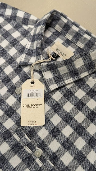 NWT Civil Society Cortez Men's Navy Cotton Check Flannel Shirt Size S (MSRP $79)