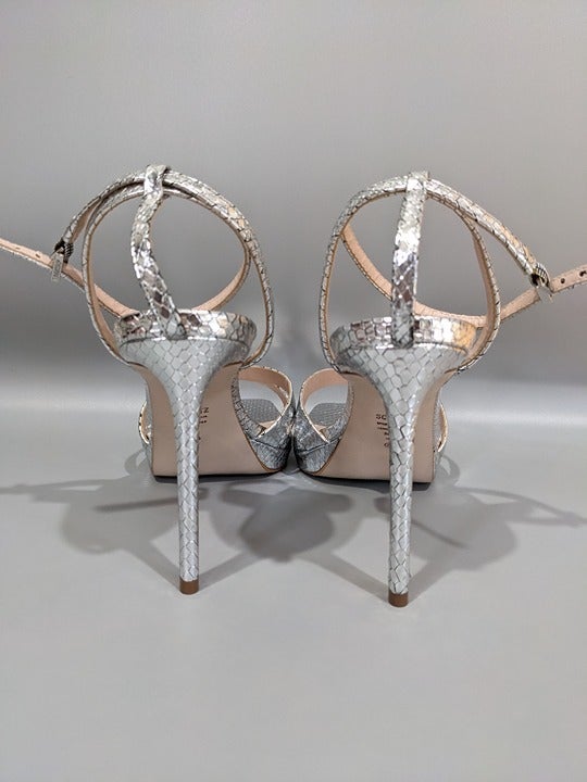 Schutz Women's Ava Rose Leather Slingback Sandals Silver Size 10 (MSRP $185)