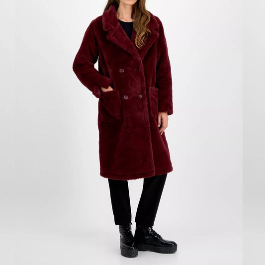 NWOT Jou Jou Women's Faux-Fur Double-Breasted Coat Burgundy Size XS (MSRP $130)
