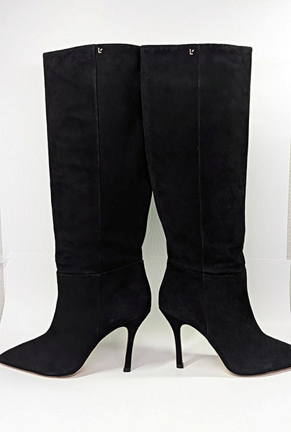 Larroude Kate Heels Boots Black Suede Knee High Stiletto Size 9 (MSRP $525)