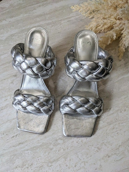 Marc Fisher Hammy Braided Leather Heeled Sandals Silver Size 9 M (MSRP $165)