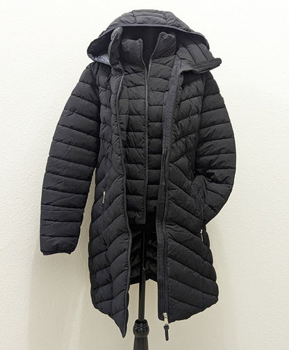 DKNY Women's Black Bibbed Hooded Lightweight Puffer Coat Size L (MSRP $285)
