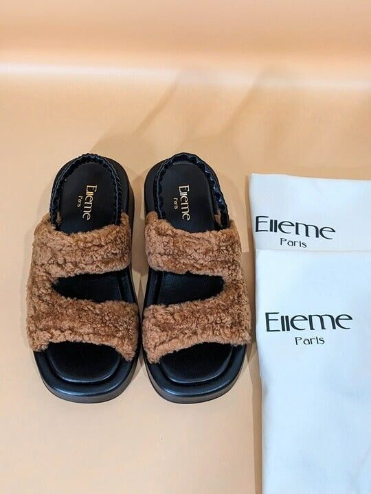 Elleme Paris Gemini Women's Shearling Slingback Sandals Teddy Caramel Size 6.5