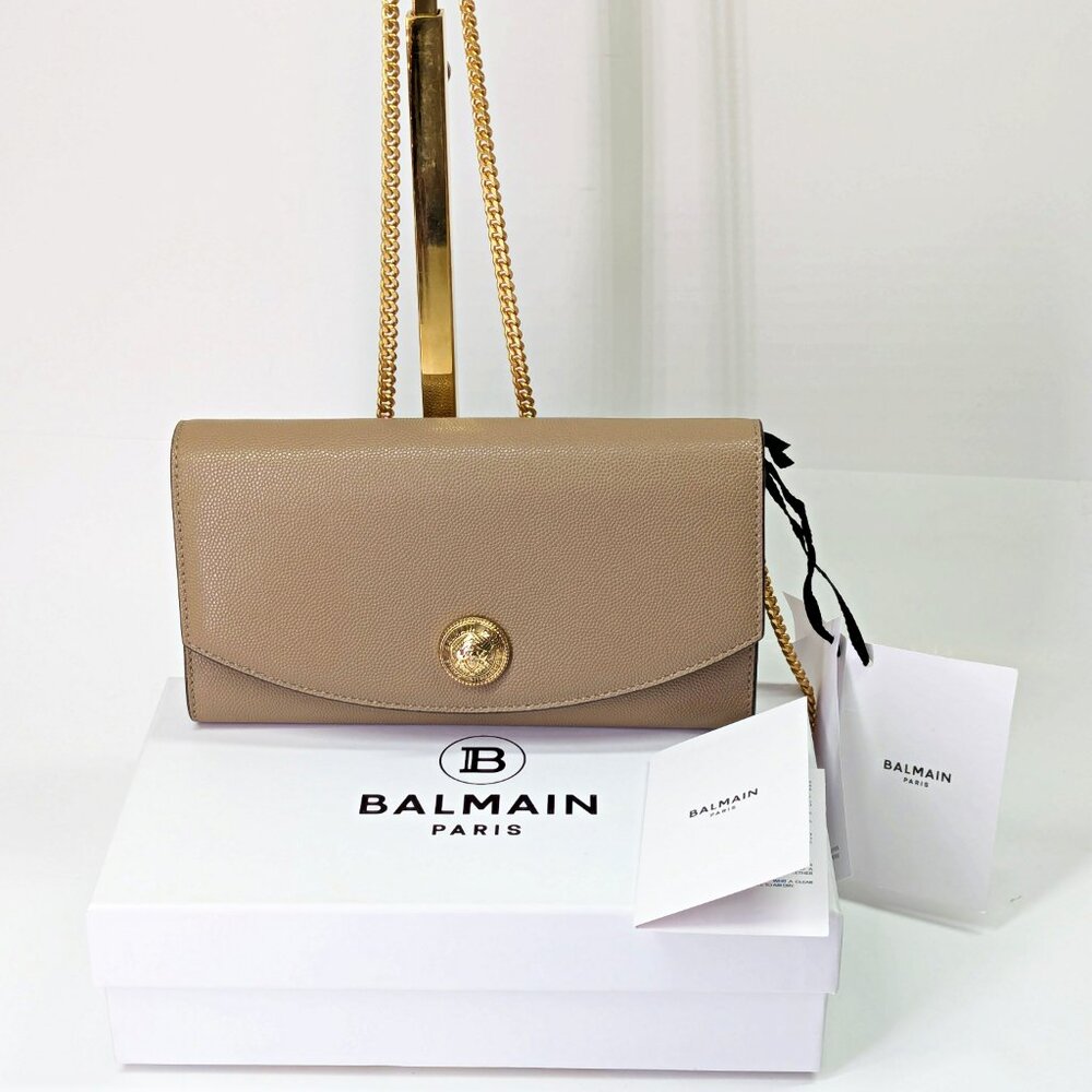 Balmain Emblem Clutch Wallet on Gold Chain in Grained Calfskin (MSRP $950)