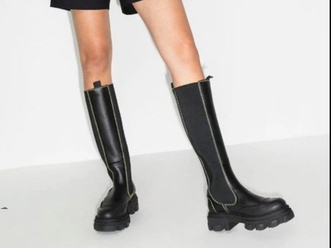 Ganni Women's Black Leather Knee High Chelsea Boots Size 35 EU (MSRP $595)