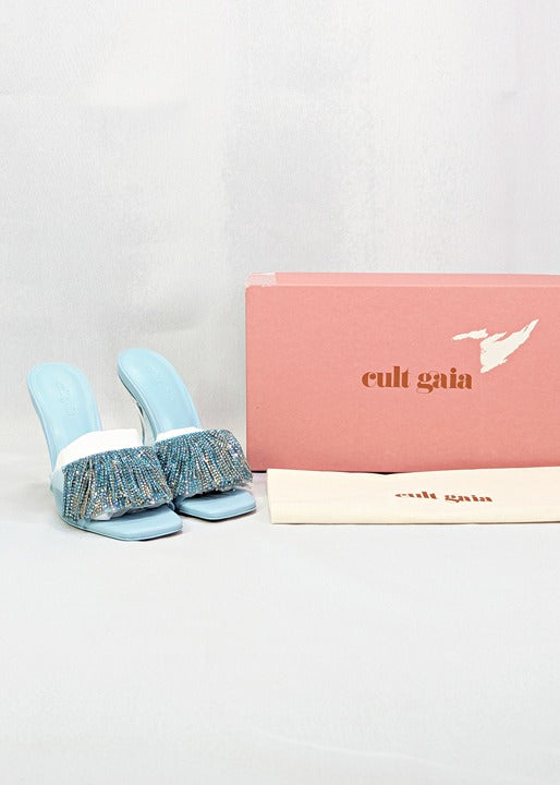 Cult Gaia Lana Pale Sky Sandals with Rhinestone Fringe Size 36 (MSRP $568)