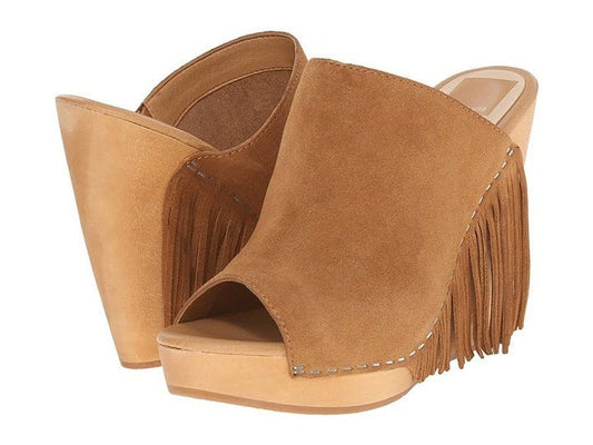 DOLCE VITA Cai Camel Suede Goring Fringed Wedge Slip On Leather Sandals 10 M