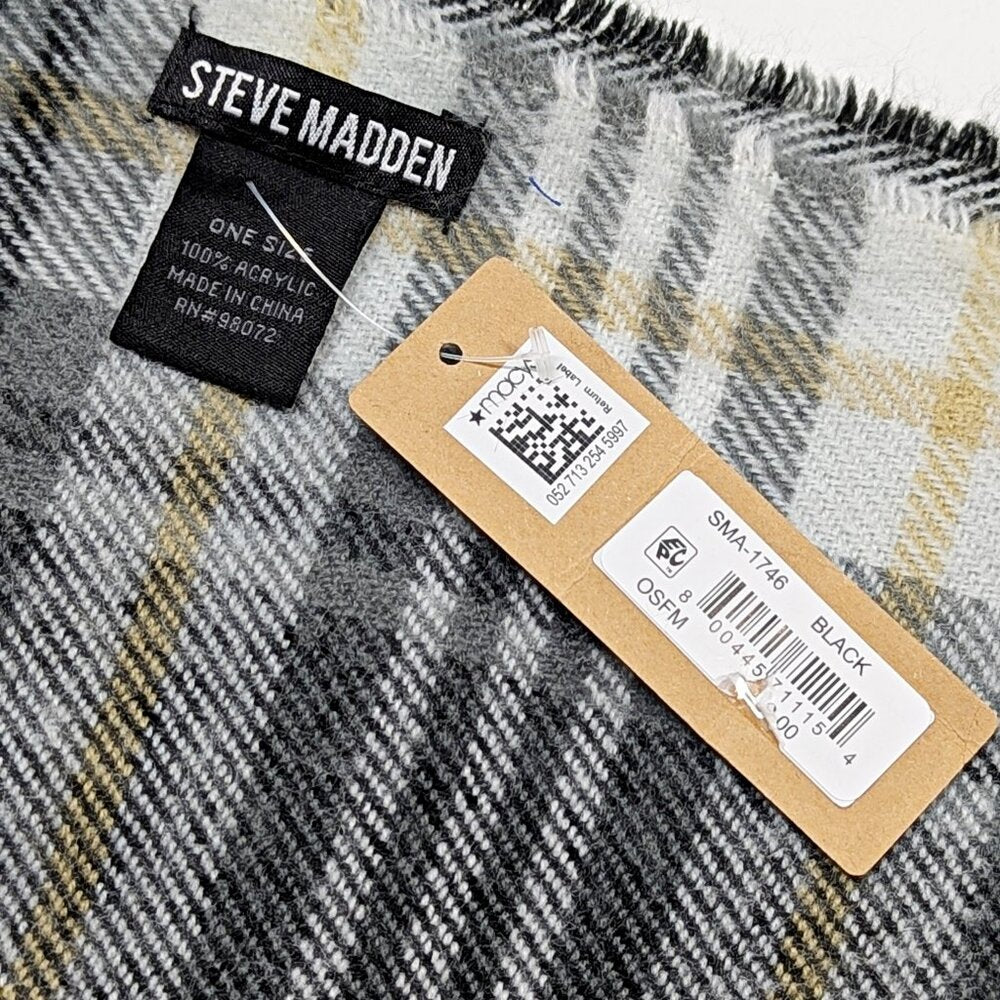 Steve Madden Women's Black Tartan Plaid Scarf with Fringe Detail O/S (MSRP $30)