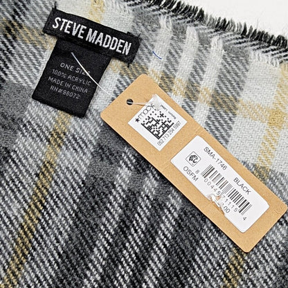 Steve Madden Women's Black Tartan Plaid Scarf with Fringe Detail O/S (MSRP $30)