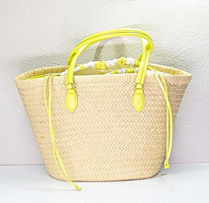 On 34th Isabellaa Women's Straw Medium Drawstring Tote Lime Stripe (MSRP $130)