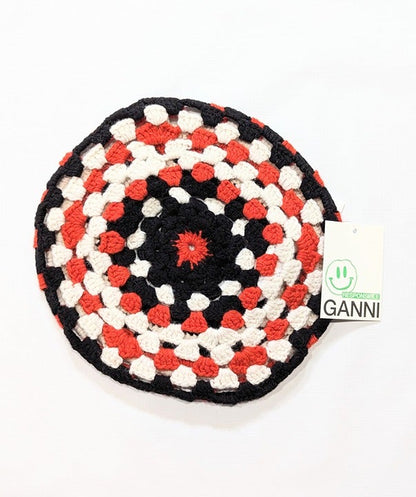 Ganni Women's Lambswool Crochet Beret Orange Color-block (MSRP $195)