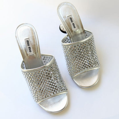 Miu Miu Women's Embellished Slide Heel Sandals Argento Size 38 (MSRP $1,200)