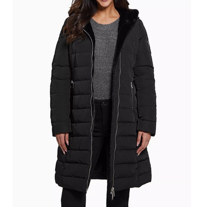 NWOT GUESS Women's Black Faux-Fur-Lined Hooded Puffer Coat Size S (MSRP $320)