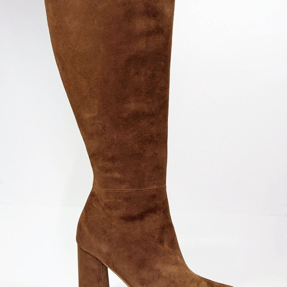 AQUA Women's Leigh Square Toe High Heel Boots Brown Goring Size 9 (MSRP $228)