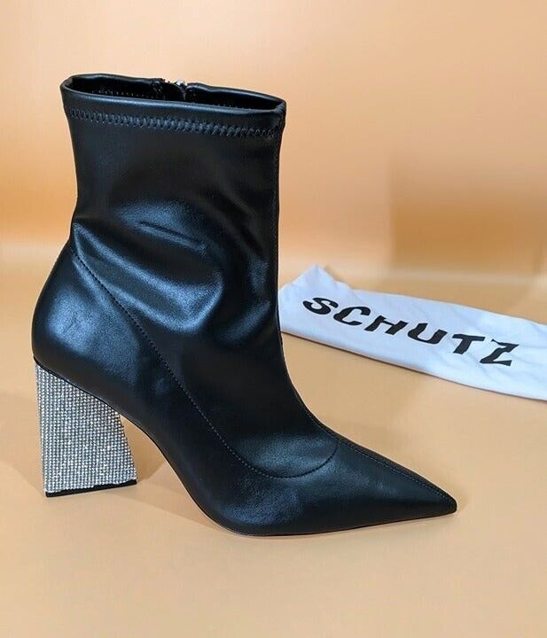 Schutz Cyrus Women's Black Leather Heels Booties Point Toe Size 10 (MSRP $218)