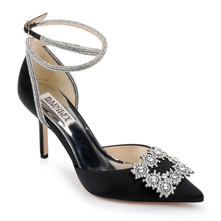 Badgley Mischka Saint Elegant 2 Piece Black Satin Ankle Strap Size 5 (MSRP $248)