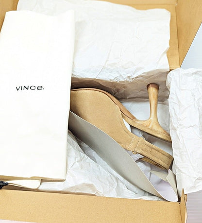 Vince Women's Quest Slingback High Heel Sandals in Dune Suede Size 6 (MSRP $350)