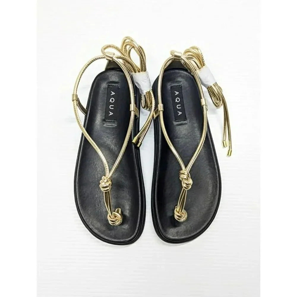 Aqua Muse Women's Strappy Gold Faux Leather Strappy Sandals Size 8 (MSRP $118)