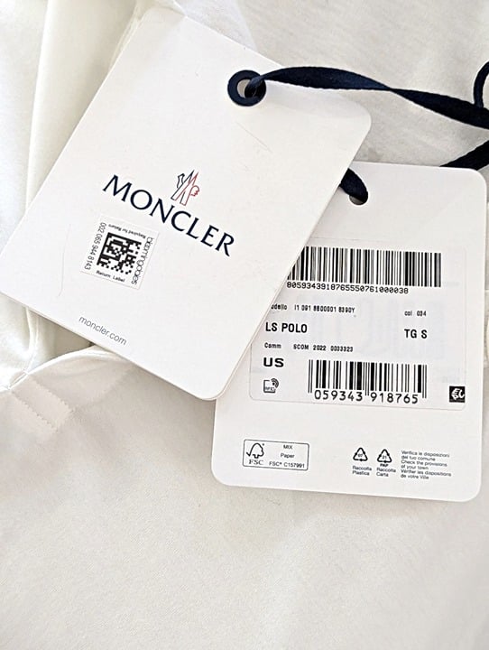 Moncler Men's Long Sleeve Logo Polo Basic in White Cotton Size S (MSRP $535)