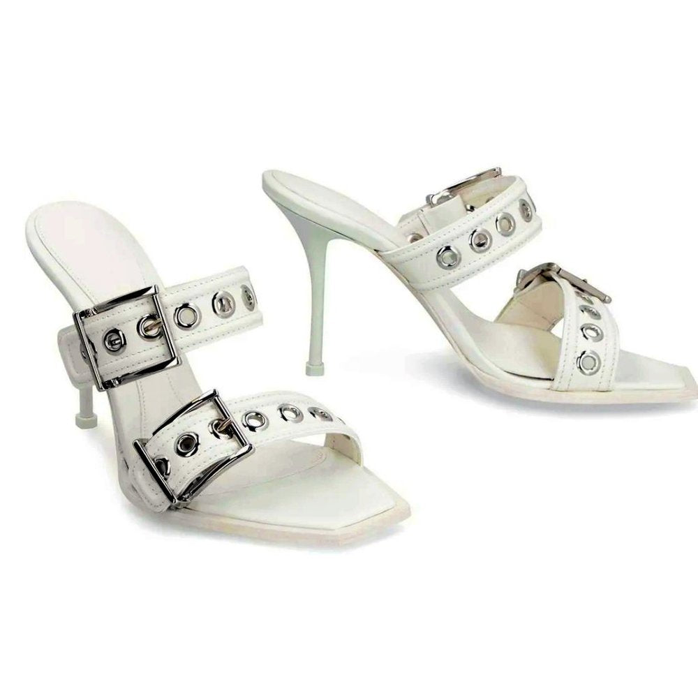 Alexander McQueen Punk Double-Buckle White Leather Sandals Size 39.5 MSRP $1,390