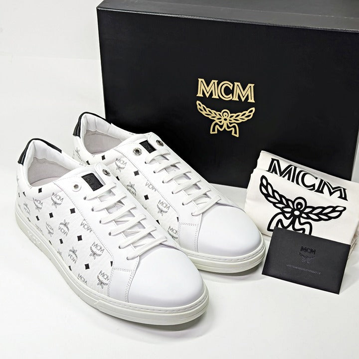 MCM Men's Terrain Derby Visetos Logo White Leather Sneaker Size 46 (MSRP $450)