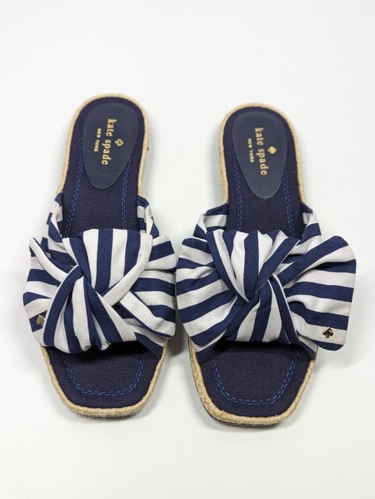 Kate Spade Women's Caliana Navy Striped Bow Flat Sandals Size 8.5 MSRP $138