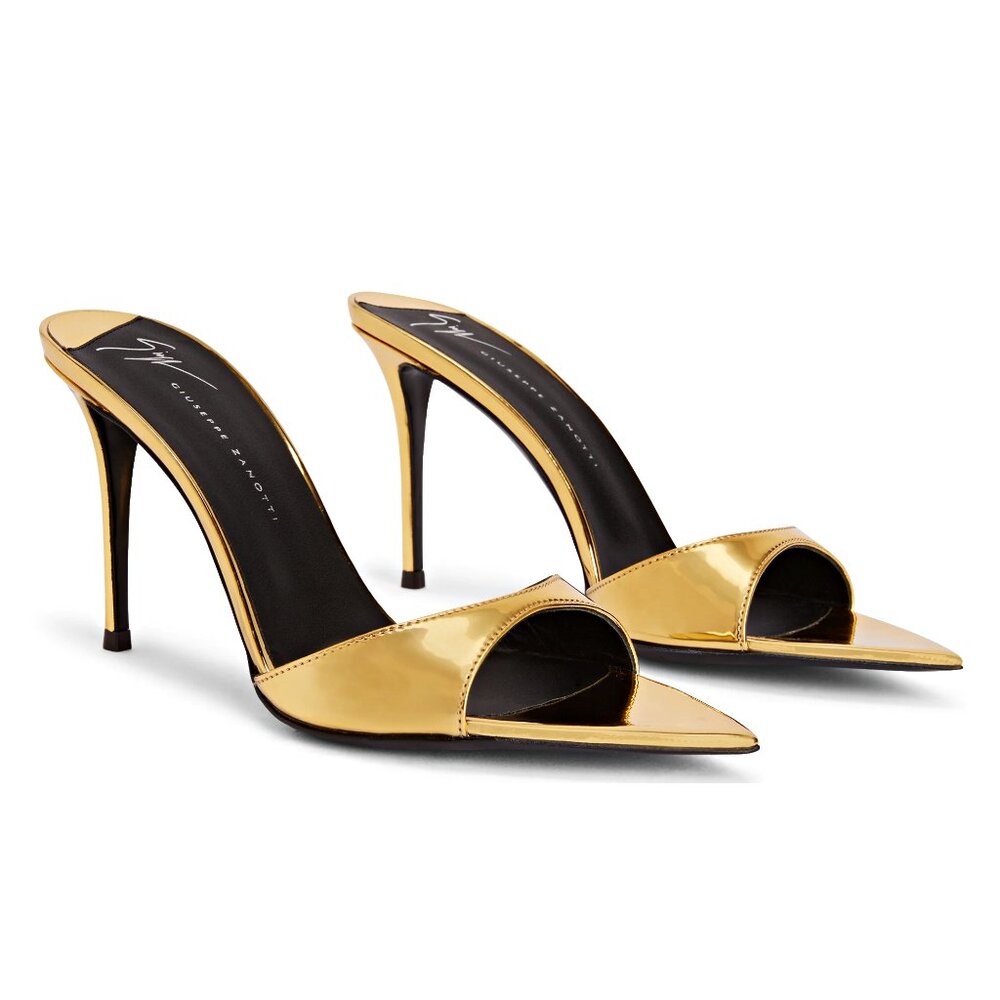 Giuseppe Zanotti Intrigo 90mm Gold Patent Mule Sandals Size 41 (MSRP $795)
