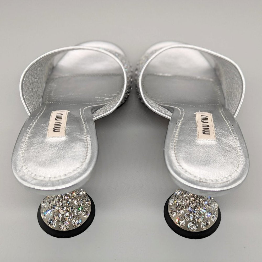 Miu Miu Women's Embellished Slide Heel Sandals Argento Size 38 (MSRP $1,200)