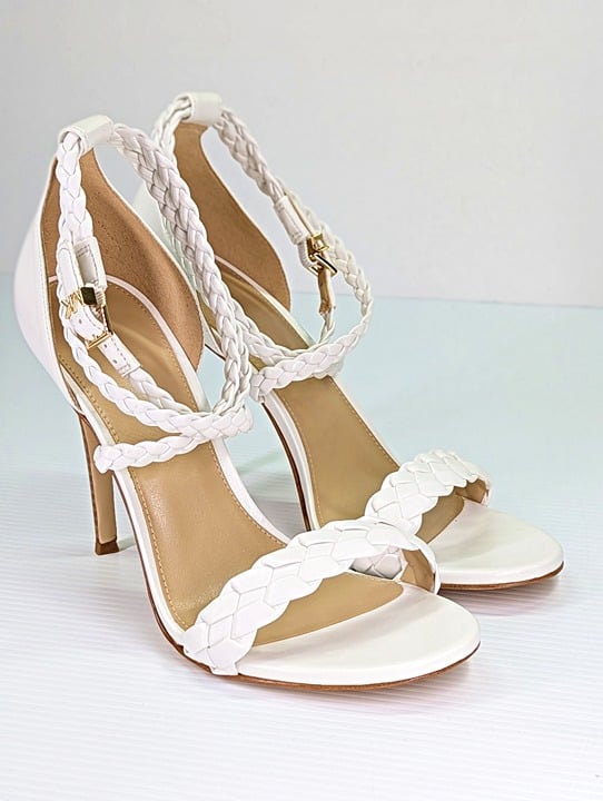 Michael Kors Women's Astrid White Leather Braided Heels Sandal Size 10 MSRP $145