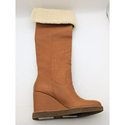 Dolce Vita Cognac Brown Fur Trim Perly Wedge Leather Boot Size 7.5 (MSRP $302)