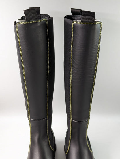 Ganni Women's Black Leather Knee High Chelsea Boots Size 35 EU (MSRP $595)