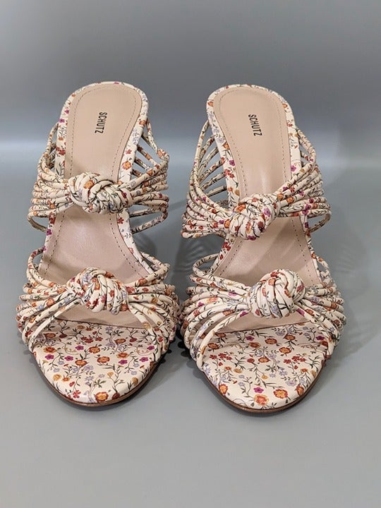 SCHUTZ Chandra Women's Leather Floral Print Slides Heels Size 8 M