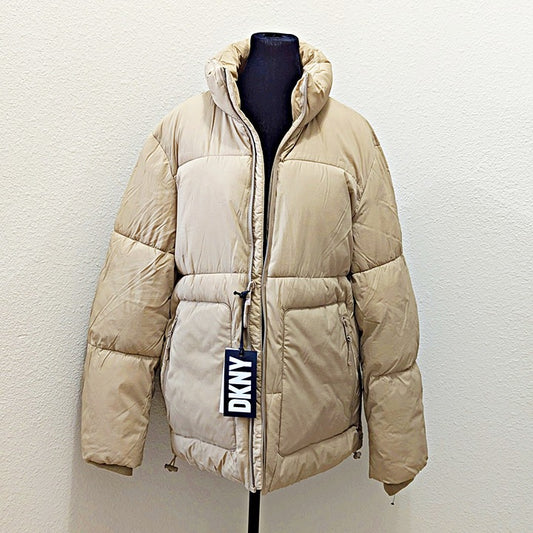 DKNY Women's Zip-Front Nylon Puffer Jacket Dark Beige Size M (MSRP $265)