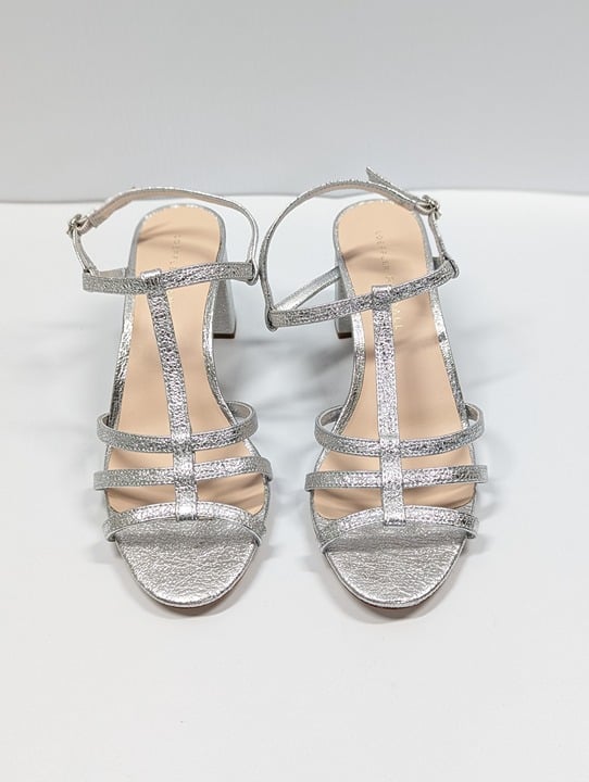 Loeffler Randall Women's Elena Heel Sandal Silver Leather Size 6.5 (MSRP $350)