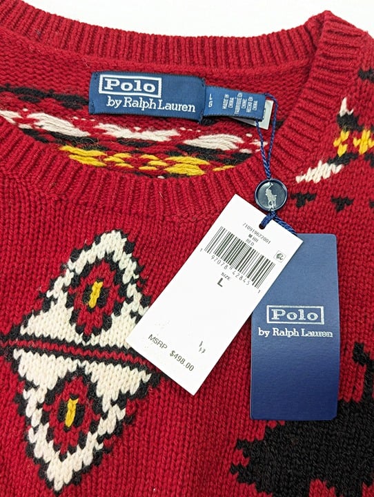 Polo Ralph Lauren Men's Red Western-Inspired Fair Isle Sweater Size L MSRP $498