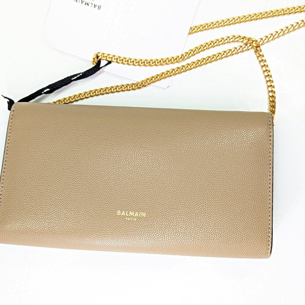 Balmain Emblem Clutch Wallet on Gold Chain in Grained Calfskin (MSRP $950)
