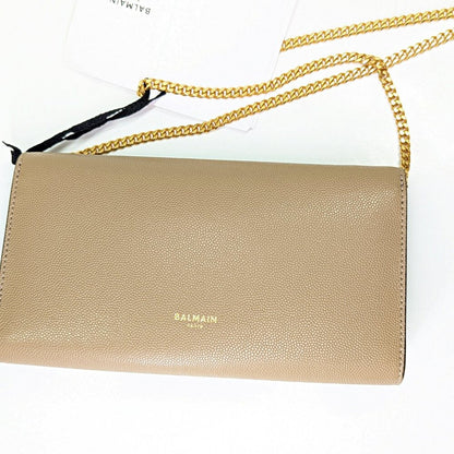 Balmain Emblem Clutch Wallet on Gold Chain in Grained Calfskin (MSRP $950)