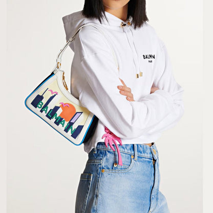 Balmain B-Army Postcard Canvas & Leather Shoulder Hobo Bag (MSRP $1,850)